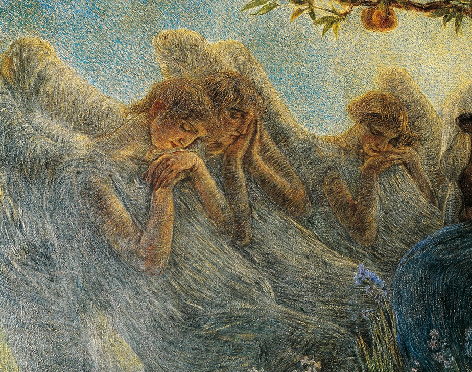Gaetano Previati, Angels, detail from Maternity (Detail, schlafende Engel, Symbolismus, Divisionismus, Zärtlichkeit, Sohn, Schlafzimmer, Wohnzimmer, Wunschgröße)