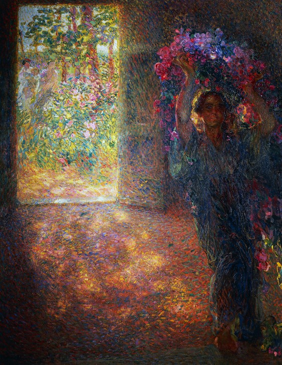 Plinio Nomellini, The flower house (Blumen, Blumenträgerin, Frau, Innenraum, Ausblick, Garten, Divisionismus, Neo-Impressionismus, Klassiker, Wunschgröße, Wohnzimmer)