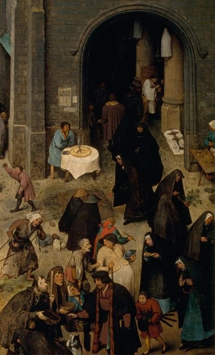 Pieter Brueghel der Ältere, Der Kampf zwischen Karneval und Fasten (Brauchtum,Christentum,Essen Und Trinken,Feste,Fischmarkt,Handel,Kalenderfeste,Karikatur,Marktplatz,Religion,Soziales,Strassenszene,Szene,Volkskunde,Platz,Nonne,Invalide,Blindheit,Mönch,Manierismus,Askese,Behinderte,Groteske,Kirchgang,Niederländische Kunst)