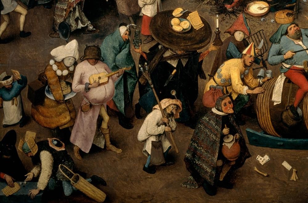 Pieter Brueghel der Ältere, Der Kampf zwischen Karneval und Fasten (Brauchtum,Christentum,Essen Und Trinken,Feste,Fettleibigkeit,Kalenderfeste,Karikatur,Marktplatz,Narr,Religion,Soziales,Strassenszene,Szene,Volkskunde,Manierismus,Groteske,Niederländische Kunst,Menschenmenge,Im Freien (Allgemein),Gegensatz,Marktstand,Faste)