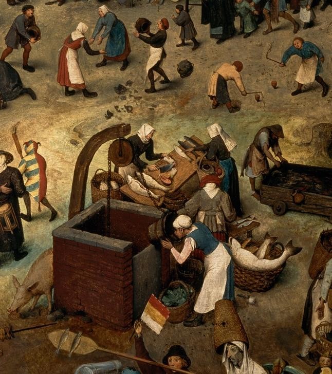 Pieter Brueghel der Ältere, Der Kampf zwischen Karneval und Fasten (Christentum,Essen Und Trinken,Feste,Fischmarkt,Handel,Kalenderfeste,Karikatur,Marktplatz,Volkskunde,Brunnen,Fisch,Manierismus,Ziehbrunnen,Niederländische Kunst,Im Freien (Allgemein),Marktstand,Fastenzeit,Fischhändlerin,Land Und Leute,Karneval,Ausschnitt)