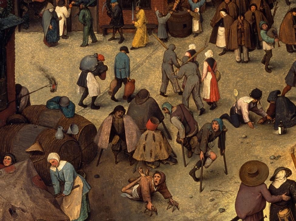 Pieter Brueghel der Ältere, Der Kampf zwischen Karneval und Fasten (Karikatur,Strassenszene,Szene,Volkskunde,Invalide,Manierismus,Behinderte,Groteske,Niederländische Kunst,Bettler,Fastenzeit,Krüppel,Behinderung,Land Und Leute,Karneval,Ausschnitt)