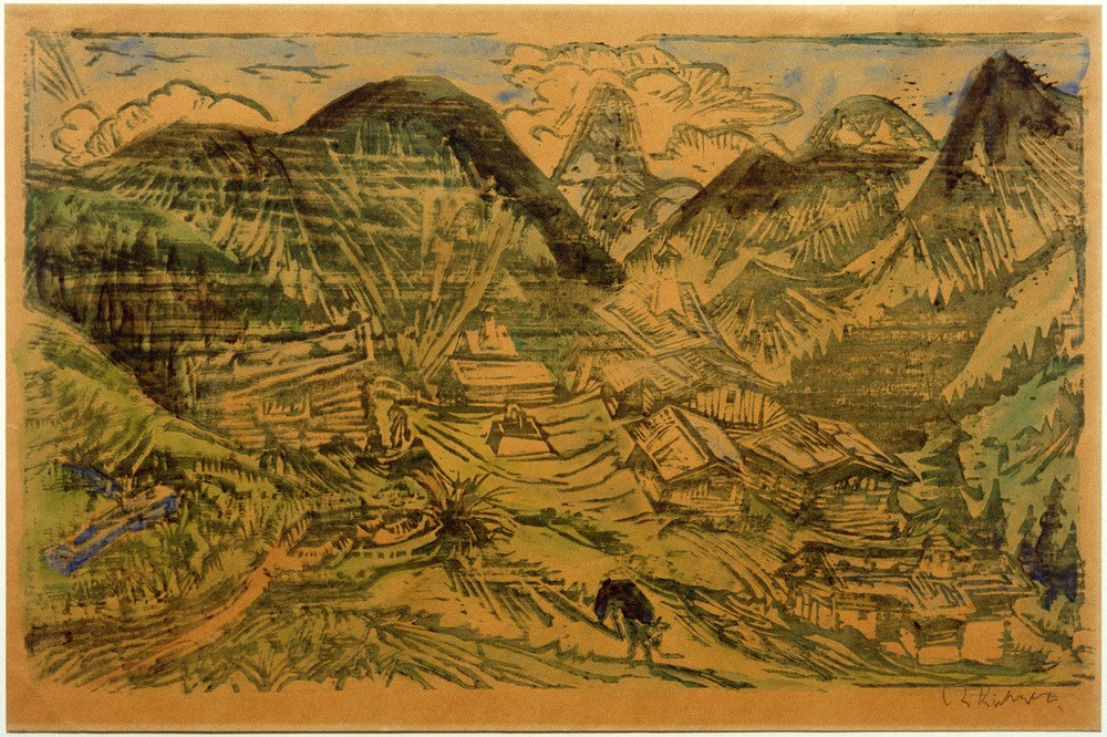 Ernst Ludwig Kirchner, Stafelalp mit Tinzenhorn (Deutsche Kunst,Dorf,Gebirge,Haus,Kunst,Landschaft,Milchwirtschaft,Rinderzucht,Rind,Hütte,Expressionismus,Die Brücke,Alm,Ansicht,Tier,Berg,Sennerei,Landwirtschaft,Viehzucht,Signatur)