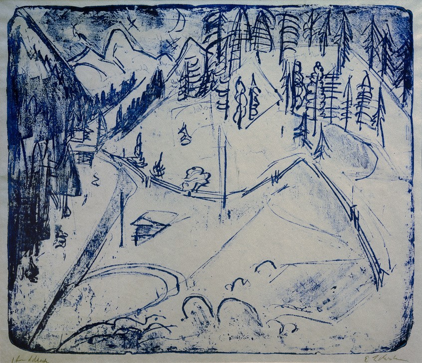 Ernst Ludwig Kirchner, Winterlandschaft (Deutsche Kunst,Gebirge,Haus,Jahreszeiten,Kunst,Landschaft,Winter,Hütte,Schnee,Expressionismus,Die Brücke,Blau,Monochromie,Unvollendet,Signatur,Farbe)