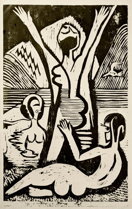 Ernst Ludwig Kirchner, Badende am See (Körperpflege,Bad Im Freien,Bad,Deutsche Kunst,Freikörperkultur,Frau,Gebirge,Kunst,Landschaft,Mensch,Freizeit,See,Akt,Freude,Expressionismus,Rückenakt,Rückenfigur,Die Brücke,Im Freien (Allgemein),Nacktheit,Ufer,Lebensfreude,Ausgelassenheit,Frauenleben,Jube)