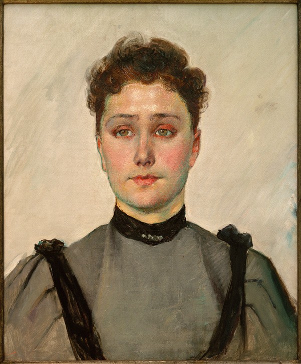 Ferdinand Hodler, Bildnis einer jungen Frau (Damenmode,Frau,Jugendstil,Kunst,Mensch,Mode,Portrait,Schweizerische Kunst,Kragen,Junge Frau,Brustbild,Stehkragen)