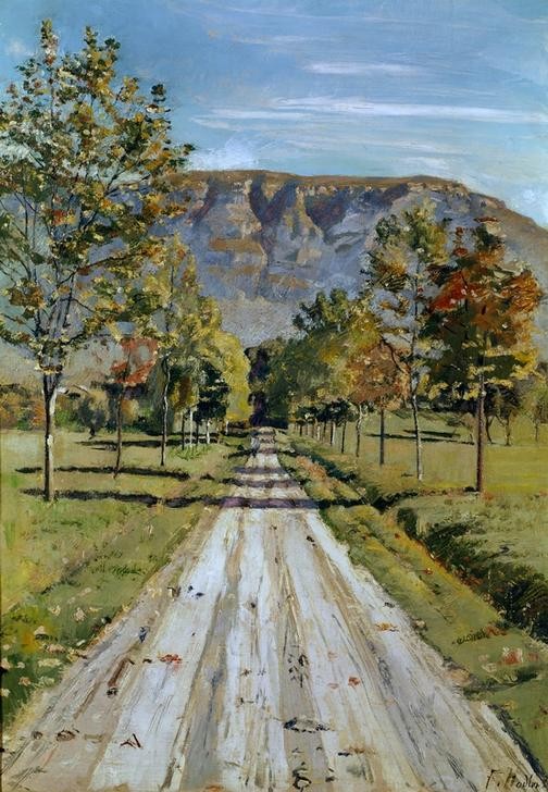 Ferdinand Hodler, Die Straße nach Evordes (Gebirge,Kunst,Landstrasse,Landschaft,Strasse (Allgemein),Schweizerische Kunst,Menschenleere)