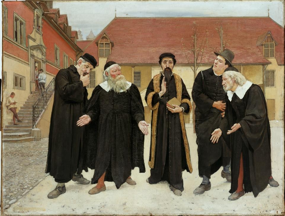 Ferdinand Hodler, Calvin und die Professoren im Hof des Genfer Gymnasiums (Geschichte,Gruppenbild,Kunst,Pädagogik,Reformation,Reformator,Theologe,Theologie,Talar,Gymnasium,Rektor,Professor,Schweizerische Kunst,Historienmalerei,Calvinismus,Streitgespräch)