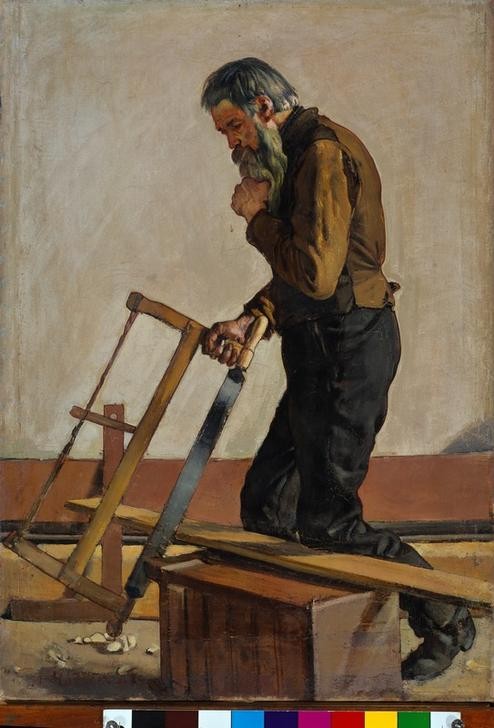 Ferdinand Hodler, Der philosphierende Arbeiter (Arbeiter,Arbeit,Handwerk Und Gewerbe,Sage,Kunst,Philosoph,Zimmermann,Philosophie,Werkzeug,Realismus,Nachdenken,Schweizerische Kunst,Säge,Handwerker,Grübeln,Handwerk,Gewerbe)