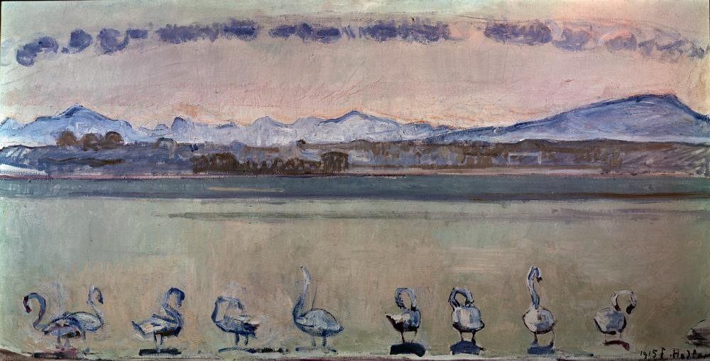 Ferdinand Hodler, Genfersee mit neun Schwänen vor Sonnenaufgang (Gebirge,Jugendstil,Kunst,Schwan (Tier),See,Schweizerische Kunst,Wasservogel)