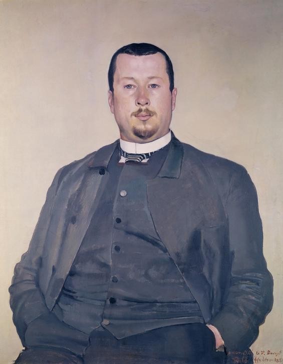 Ferdinand Hodler, Bildnis des Doktors Bourget (Fettleibigkeit,Kunst,Mann,Mensch,Bart,Portrait,Bürgertum,Schweizerische Kunst,Hände In Den Hosentaschen,Sitzen,Halbfigur)