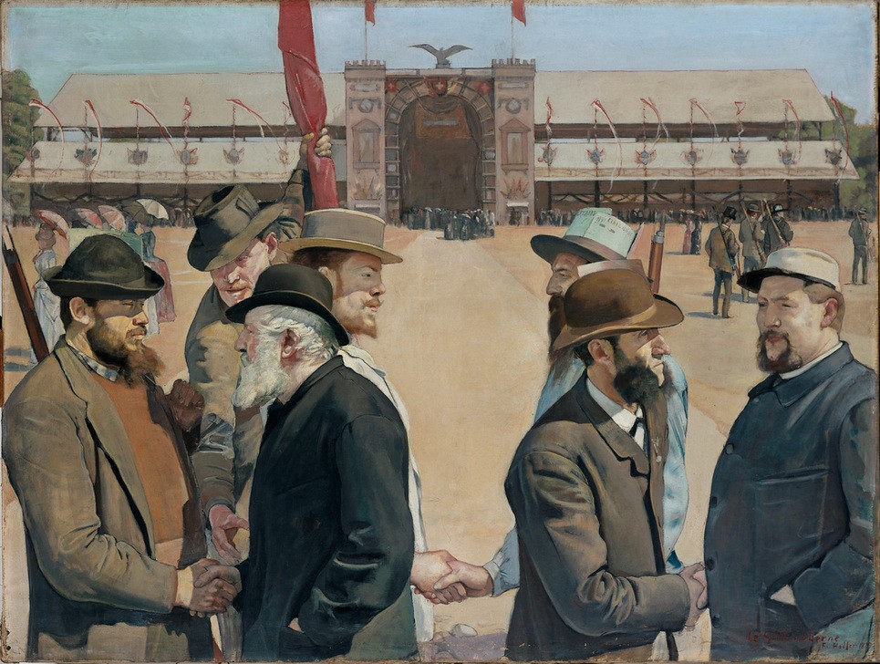 Ferdinand Hodler, Das moderne Grütli (Ausstellungsgebäude,Ausstellung,Gesellschaft,Industrie,Kunst,Messe (Wirtschaft),Wirtschaft (Ökonomie),Begrüssung,Realismus,Gewerbeausstellung,Schweizerische Kunst,Ausstellungsbesuch,Händedruck (Allgemein))