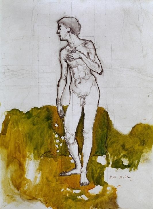 Ferdinand Hodler, Männliche Aktstudie (Erotik,Jugendstil,Kunst,Mann,Akt,Jüngling,Studie,Schweizerische Kunst,Aktstudie,Ganzfigurig)