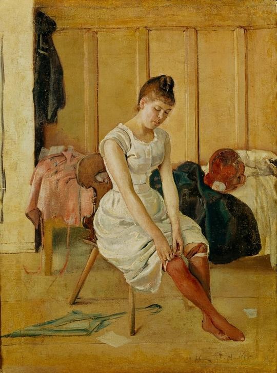 Ferdinand Hodler, Sich ankleidende Frau (Frau,Kunst,Mieder,Mode,Unterwäsche (Damen),Realismus,Ankleiden,Unterrock,Strumpfband,Genre,Schweizerische Kunst,Frauenleben,Damenstrumpf,Intimsphäre)