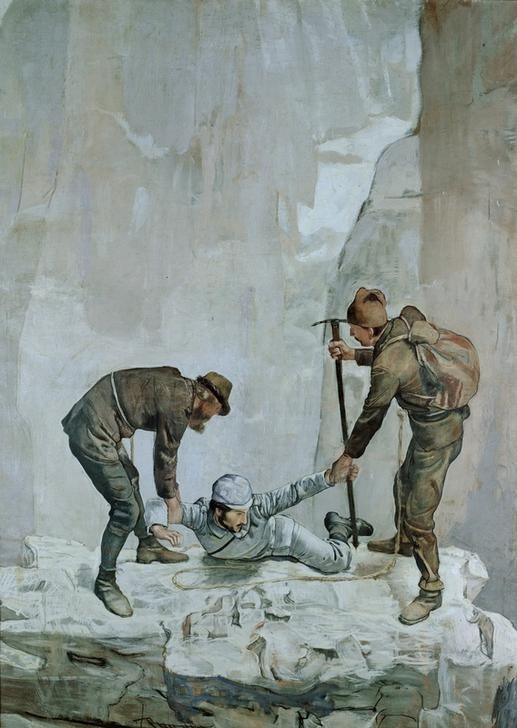 Ferdinand Hodler, Aufstieg I (Bergsteigen,Bergsteiger,Gebirge,Jugendstil,Kunst,Freizeit,Sport,Symbolismus,Schweizerische Kunst,Rucksack,Alpinismus,Sportbekleidung,Lebensgefahr,Pickel)