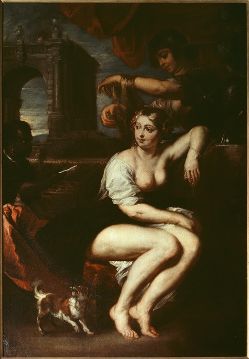 Peter Paul Rubens, Bathseba am Springbrunnen, den Brief Davids erhaltend (Bad Im Freien,Bad,Brief,Dienstboten,Flämische Kunst,Frau,Haarpflege,Mädchen,Postbote,Religion,Schmuck,Wasser,Perle,Barock,Hund,Altes Testament,Akt,Busen,Bibel,Quelle,Portrait,Ehebruch,Mohr,David Und Bathseba,Niederländische Kunst,Zofe,Halbakt,Tier,Briefbe)