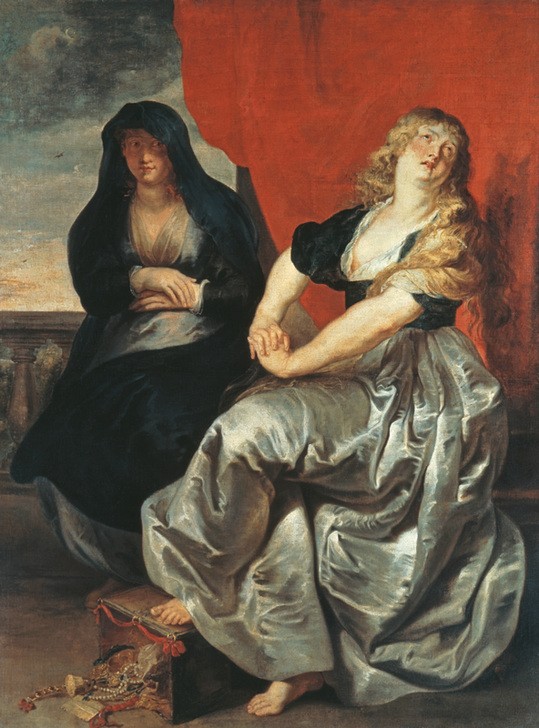 Paula Rubens, Die reuige Magdalena und ihre Schwester Martha (Christentum,Flämische Kunst,Geschwister,Kunst,Religion,Barock,Schwester,Bibel,Weinen,Reue,Niederländische Kunst,Händeringen,Gegensatz,Busse)