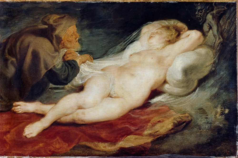Peter Paul Rubens, Der Einsiedler und die schlafende Angelica (Erotik,Flämische Kunst,Frau,Kunst,Literatur,Alter,Barock,Akt,Voyeurismus,Eremit,Versuchung,Johannistrieb,Niederländische Kunst,Erotische Kunst,Sexualität,Betrachten,Alter Mann,Alterserotik,Liegen,Schlafen (Schlaf),Sinnlichkeit)