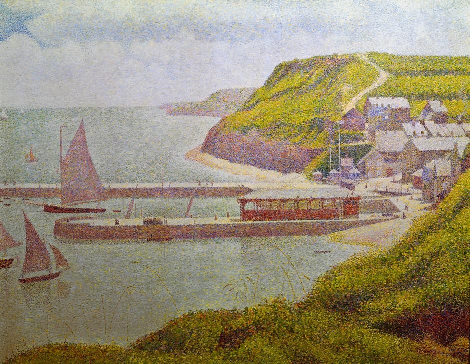 Georges Seurat, Porten-Bessin, avant-port, marée haute (Calvados) (Hafen,Küste,Landschaft,Meer,Impressionismus,Segelboot,Pointillismus,Französische Kunst,Flut,Gezeiten,Schifffahrt)