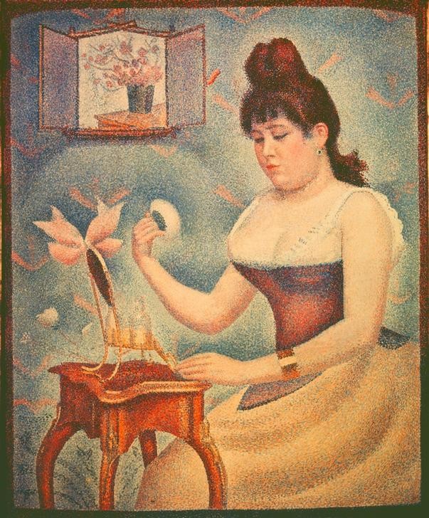 Georges Seurat, Jeune femme se poudrant (Körperpflege,Bad,Frau,Kosmetik,Morgentoilette,Puder,Schminke,Impressionismus,Pointillismus,Französische Kunst,Puderquaste,Alltagskultur,Frauenleben,Toilettentisch)