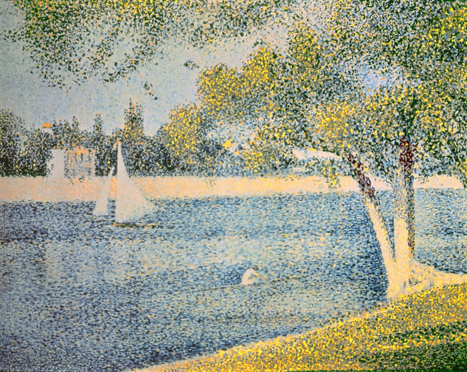 Georges Seurat, La Seine à la Grande Jatte (Insel,Kunst,Landschaft,Segelboot,Fluss,Pointillismus,Baum,Französische Kunst,Ufer)
