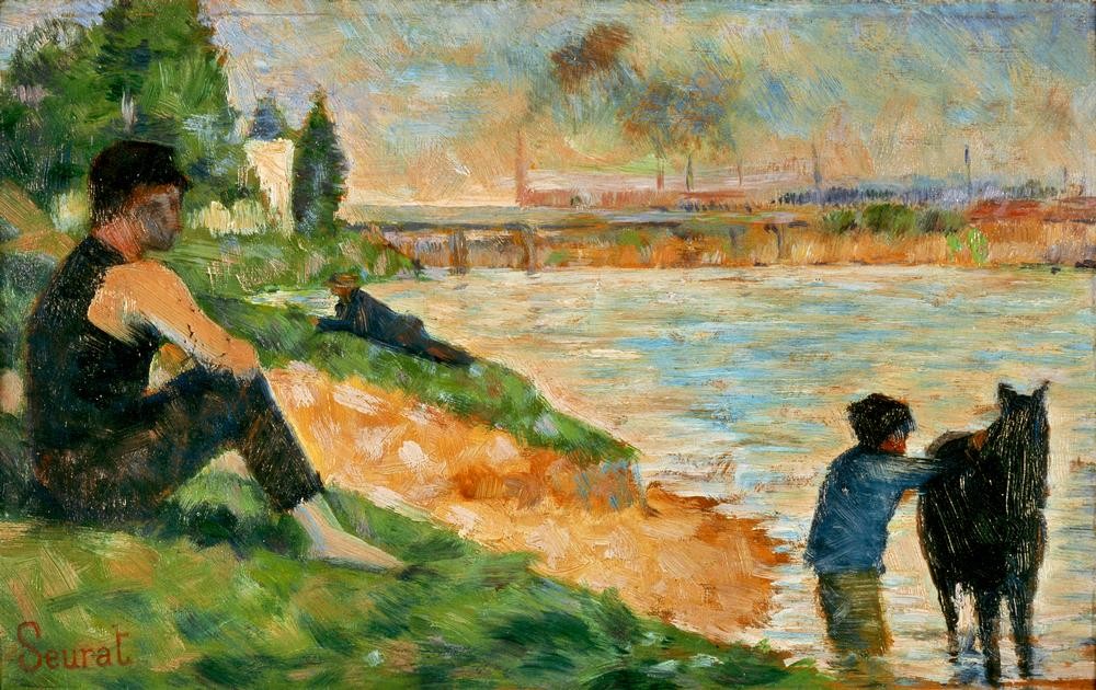 Georges Seurat, Studie zu Badeplatz (Körperpflege,Bad Im Freien,Bad,Industrie,Kind,Kunst,Landschaft,Mann,Mensch,Pferd (Tier),Freizeit,Stadt,Impressionismus,Fluss,Wiese,Kind Und Tier,Studie,Französische Kunst,Tierleben,Knabe,Ufer,Kinderleben,Pferdeschwemme,Tier,Tierpflege,Sitzen,Schwemme,Mens)