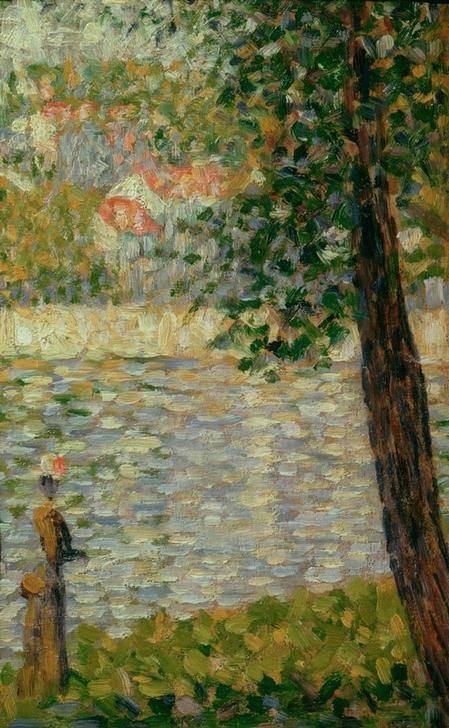Georges Seurat, Promenade matinale (Frau,Kunst,Landschaft,Mensch,Freizeit,Sommer,Spaziergang,Tageszeiten,Morgen,Impressionismus,Fluss,Baum,Studie,Französische Kunst,Ufer,Frauenleben)
