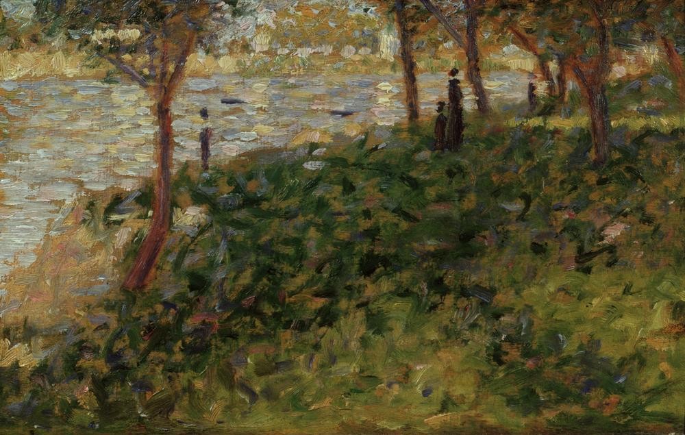 Georges Seurat, Étude pour La Grande Jatte, moyenne distance, gauche (Ausflug,Garten Und Park,Gesellschaftliches Leben,Kunst,Landschaft,Menschen Im Park,Mensch,Park,Freizeit,Tageszeiten,Wochentage,Nachmittag,Sonntag,Impressionismus,Fluss,Reise,Studie,Französische Kunst,Ufer,Stadtleben,Wochenende)