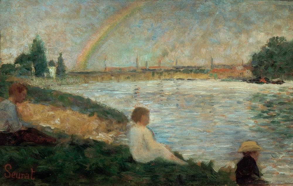 Georges Seurat, L’arcenciel (Bad Im Freien,Bad,Himmel (Natur),Industrie,Kunst,Landschaft,Mensch,Freizeit,Stadt,Impressionismus,Regenbogen,Fluss,Studie,Französische Kunst,Ufer,Sitzen,Naturschauspiel,Signatur)