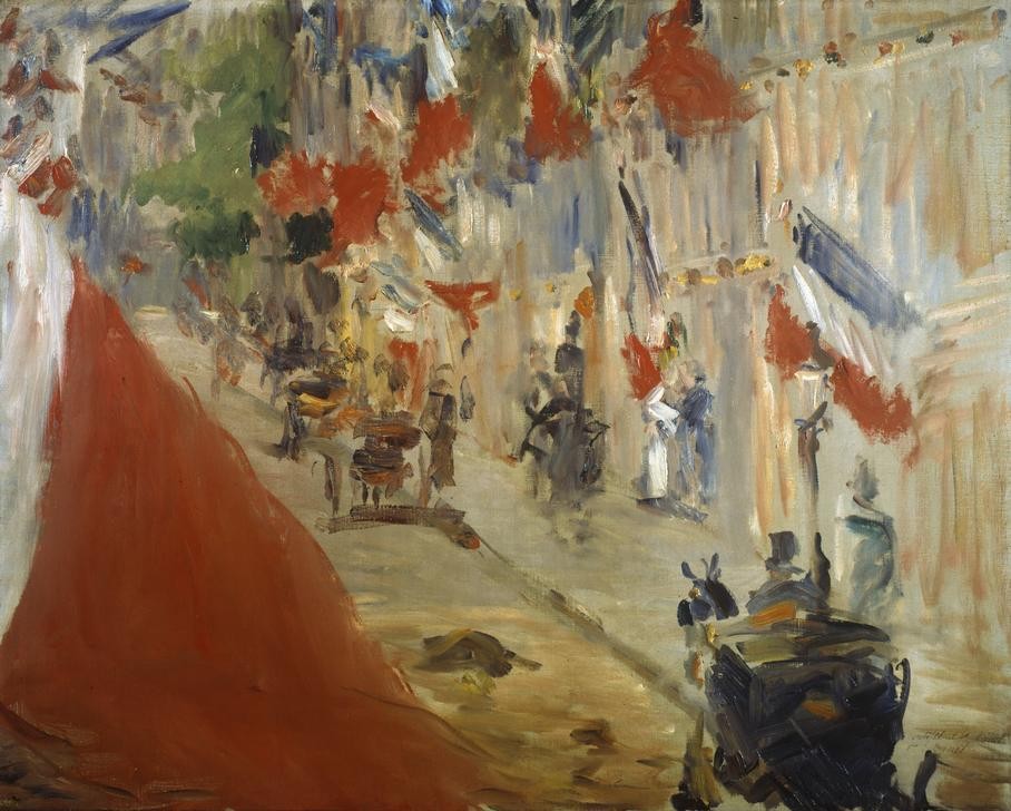 Edouard Manet, La Rue Mosnier aux drapeaux (Flagge,Geographie,Geschichte,Kutsche,Strassenszene,Verkehr,Impressionismus,Nationalfeiertag,Dritte Republik (1870-1940),Französische Kunst,Trikolore,Beflaggung,Feiertag,Fahnenschmuck,Topographie)