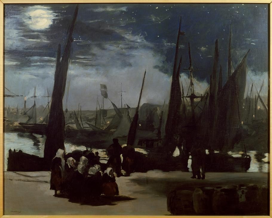 Edouard Manet, Clair de lune sur le port de Boulogne (Boot,Frau,Hafen,Himmel (Natur),Kunst,Mond,Schiff,Segelschiff,Verkehr,Volkskunde,Fischerboot,Tageszeiten,Nacht,Impressionismus,Segelboot,Französische Kunst,Marktfrau,Warten,Vollmond,Hafenleben,Mondschein,Land Und Leute,Schifffahrt)