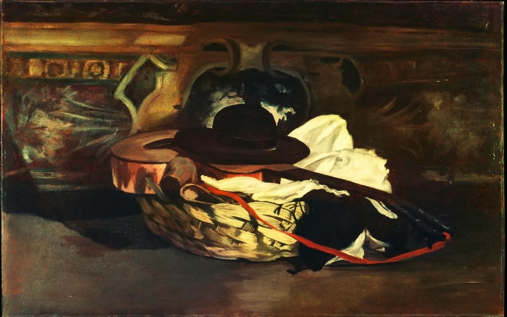 Edouard Manet, Chapeau et guitare (Gitarre,Kopfbedeckung,Kunst,Musik,Impressionismus,Hut,Instrument,Stillleben,Französische Kunst,Korb)