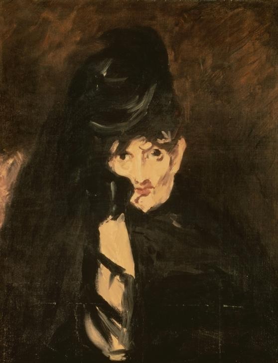Edouard Manet, Berthe Morisot en chapeau de deuil à long voile (Damenhut,Frau,Kopfbedeckung,Künstlerin,Kunst,Malerin,Trauer,Schleier,Portrait,Französische Kunst,Trauerkleidung,Privatsammlung,Brustbild,Person)