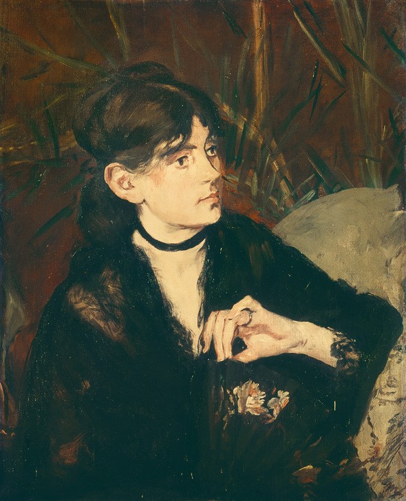 Edouard Manet, Berthe Morisot tenant un éventail (Fächer,Frau,Künstlerin,Kunst,Malerin,Portrait,Französische Kunst,Halsband,Privatsammlung,Halbfigur,Person)
