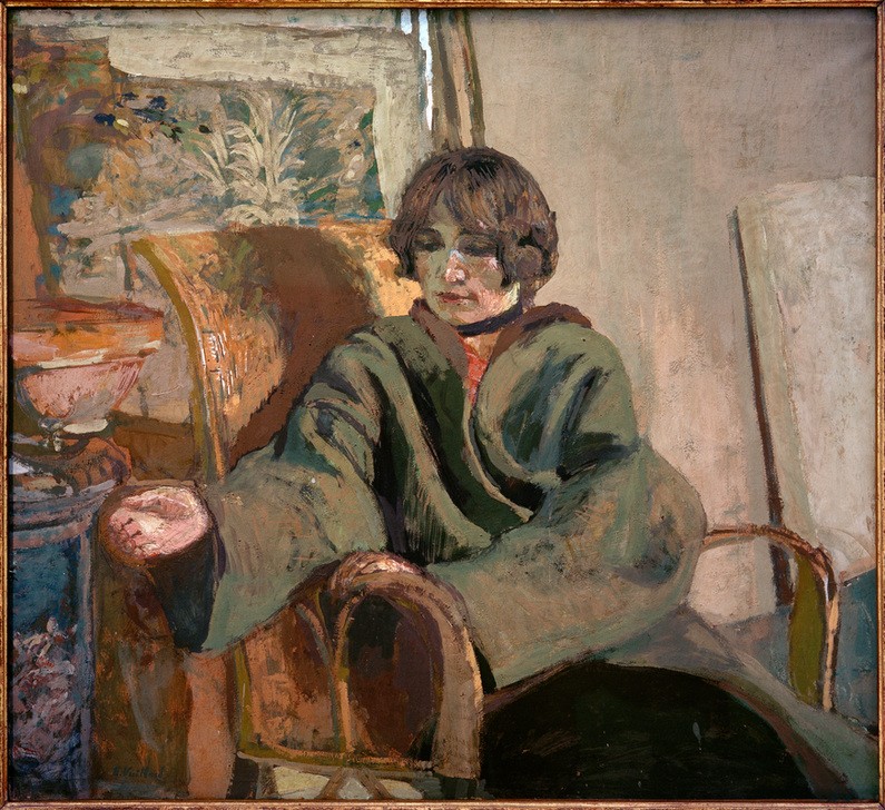 Edouard Vuillard, Lucie Belin (Atelier,Frau,Kunst,Mensch,Schauspielerin,Sitzmöbel,Theater,Bild Im Bild,Portrait,Interieur,Französische Kunst,Sessel,Nabis,Sitzen,Kniestück,Halbprofil)