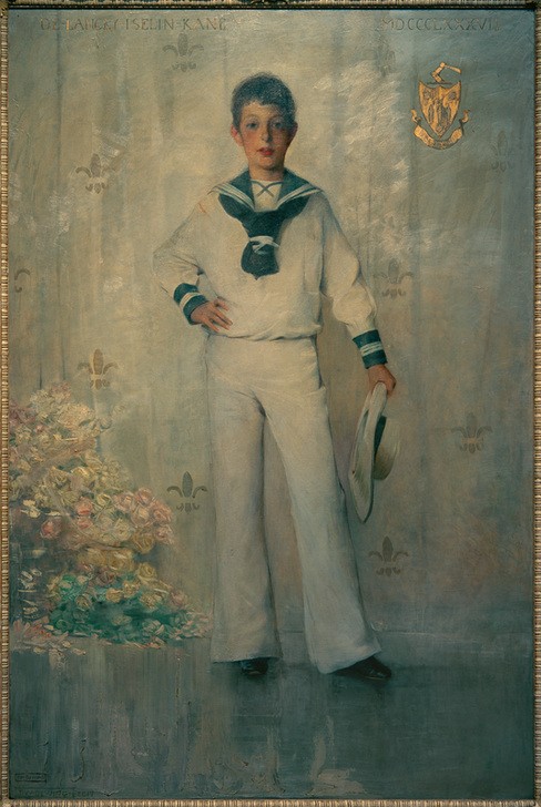 Thomas Wilmer Dewing, DeLancey Iselin Kane (Gesellschaft,Heraldik,Kindermode,Kind,Kunst,Lilie,Mensch,Mode,Rose,Familienwappen,Hut,Matrosenanzug,Portrait,Anzug,Amerikanische Kunst,Wohlstand,Knabe,Reichtum,Pose,Us-Amerikanische Kunst,Kleidung (Allgemein),Blume,Blick Aus Dem Bild,Ganzfigurig,Körperhal)