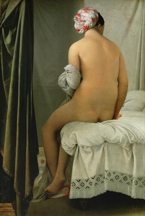 JEAN-AUGUSTE-DOMINIQUE INGRES, Die Badende (Körperpflege,Bad,Erotik,Frau,Haarmode,Textil,Klassizismus,Akt,Rückenakt,Französische Kunst,Vorhang,Nacktheit,Wandbespannung,Sitzen,Fransen,Ganzfigurig,Faltenwurf,Weiss (Farbe),Kopftuch,Bettdecke)