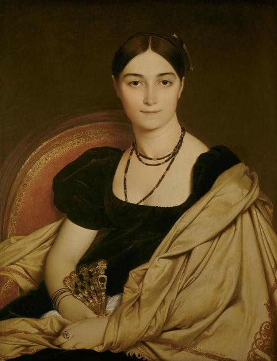 JEAN-AUGUSTE-DOMINIQUE INGRES, Antonia Devauçay de Nittis (Damenmode,Fächer,Frau,Mensch,Mode,Schönheit,Klassizismus,Portrait,Halskette,Empire,Französische Kunst,Accessoires,Sitzen,Mittelscheitel,Halbfigur)