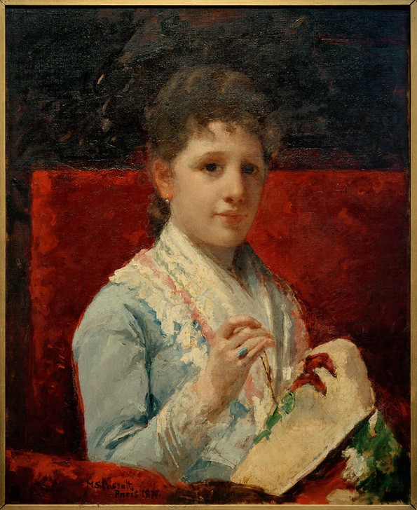 Mary Cassatt, Mary Ellison beim Sticken (Frau,Handarbeit,Kunst,Mensch,Ring,Schmuck,Sitzmöbel,Sticken,Impressionismus,Halstuch,Ohrring,Frauenkunst,Hand,Portrait,Sofa,Amerikanische Kunst,Us-Amerikanische Kunst,Fingerring,Frauenleben,Sitzen,Junge Frau,Blick Aus Dem Bild,Braune Haare,Halbfigur,Halbp)