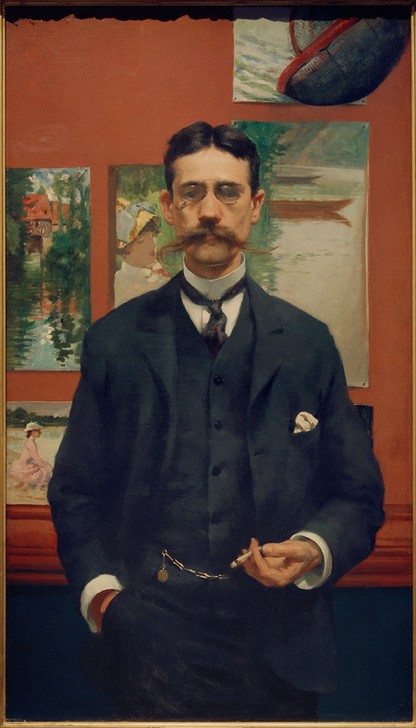 James Carroll Beckwith, William Walton (Brille,Fechten,Herrenmode,Künstler,Kunst,Literatur,Maler (Künstler),Mann,Mode,Schriftsteller,Tabak,Zigarette,Krawatte,Bart,Rauchen,Schnurrbart,Bild Im Bild,Portrait,Anzug,Weste,Amerikanische Kunst,Einstecktuch,Us-Amerikanische Kunst,Hände In Den Hosentasc)