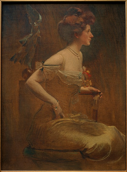 John White Alexander, Helen Benedict Hastings (Ehefrau,Damenmode,Frau,Gesellschaft,Kette (Schmuck),Kunst,Mensch,Mode,Möbel,Mythologie,Schmuck,Sitzmöbel,Ehefrau Von Berühmten,Portrait,Halskette,Perlenkette,Amerikanische Kunst,Wohlstand,Kleid,Göttin,Reichtum,Us-Amerikanische Kunst,Obere Zehntausend,Anth)
