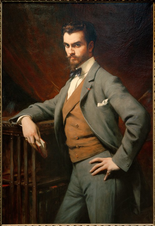 Theobald Chartran, James Hazen Hyde (Buch,Dandy,Fliege (Binder),Gesellschaft,Herrenmode,Kunst,Mann,Mensch,Mode,Ring,Schmuck,Bart,Männerschmuck,Portrait,Anzug,Weste,Französische Kunst,Wohlstand,Einstecktuch,Reichtum,Eleganz,Vollbart,Erbe,Pose,Fingerring,Obere Zehntausend,Kleidung (Allgemein),)