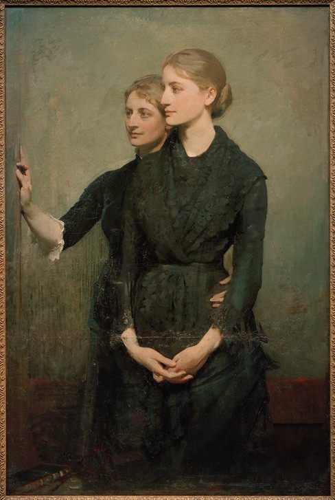 Abbott H. Thayer, Die Schwestern (Damenmode,Familie,Frau,Geschwister,Gesellschaft,Kunst,Mensch,Mode,Schwester,Spitzen,Portrait,Amerikanische Kunst,Wohlstand,Kleid,Reichtum,Us-Amerikanische Kunst,Kleidung (Allgemein),Haarknoten,Junge Frau,Schwarz,Doppelportrait,Kniestück,Braune Haare,Obers)