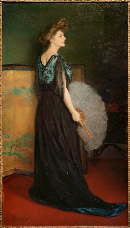 Julius Leblanc Stewart, Eugenie Blake (Damenmode,Fächer,Frau,Gesellschaft,Kunst,Mensch,Mode,Möbel,Portrait,Feder,Paravent,Amerikanische Kunst,Wohlstand,Kleid,Reichtum,Us-Amerikanische Kunst,Obere Zehntausend,Kleidung (Allgemein),Profil,Transparenz,Hochfrisur,Ganzfigurig,Braune Haare,Federfäche)
