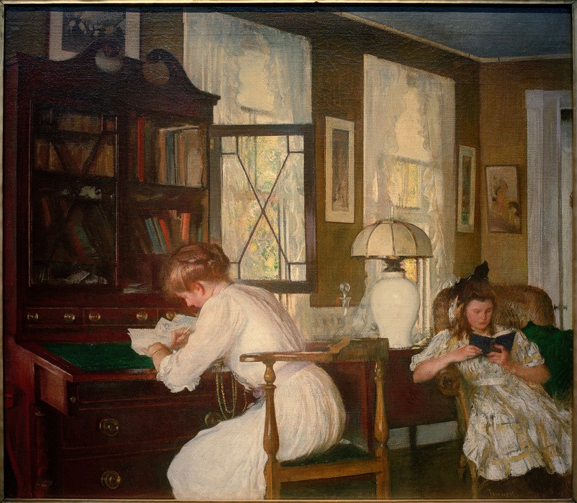 Edmund Charles Tarbell, Josephine und Mercie (Buch,Damenmode,Familie,Fenster,Frau,Gesellschaft,Kind,Künstler,Kunst,Licht Und Beleuchtung,Literatur,Mädchen,Maler (Künstler),Mann,Mode,Möbel,Freizeit,Sitzmöbel,Tischlampe,Wohnzimmer,Impressionismus,Lampe,Portrait,Lesen (Allgemein),Tochter,Interieur,Ameri)