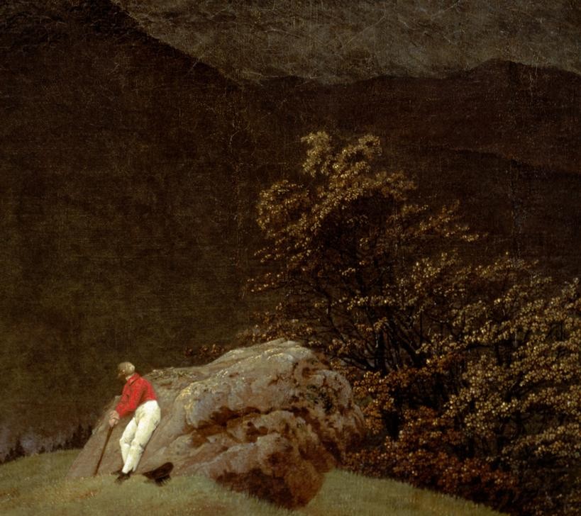 Caspar David Friedrich, Gebirgslandschaft mit Regenbogen (Deutsche Kunst,Gebirge,Landschaft,Mann,Mond,Rast,Wandern,Tageszeiten,Abend,Nacht,Regenbogen,Einsamkeit,Mondregenbogen,Harmonie,Wanderer,Ausruhen,Romantik,Ausschnitt)