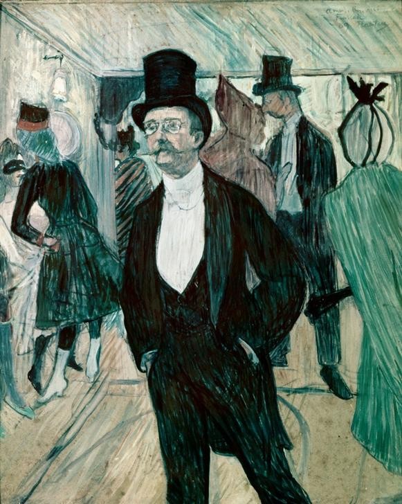 Henri de Toulouse-Lautrec, Portrait de Henri Fourcade (Monsieur Henri Fourcade au bal (Abendgarderobe,Ball (Gesellschaft),Herrenmode,Mann,Mensch,Oper,Zylinder (Hut),Impressionismus,Schnurrbart,Portrait,Frack,Foyer,Französische Kunst,Eleganz,Hände In Den Hosentaschen,Zwirbelbart,Kniestück,Maske (Gegenstand),Zwicker)