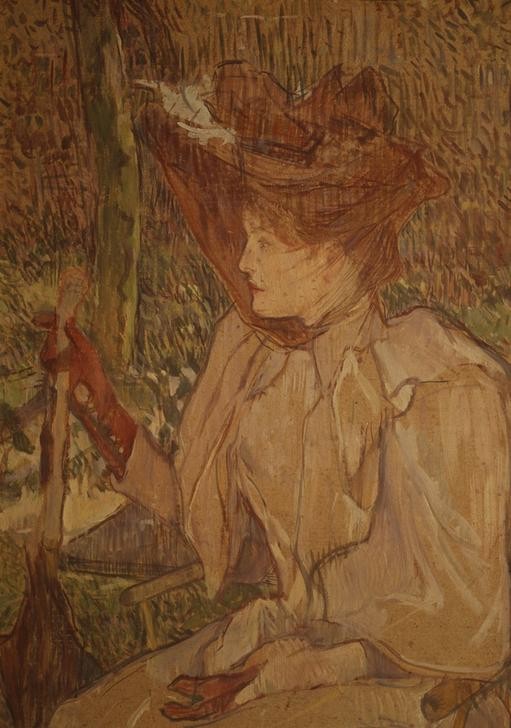 Henri de Toulouse-Lautrec, La femme au gants (Damenhut,Damenmode,Frau,Handschuh,Jugendstil,Mode,Hut,Schleier,Portrait,Französische Kunst,Kleidung (Allgemein),Fin De Siecle,Jahrhundertwende,Schleierhut,Frisur)