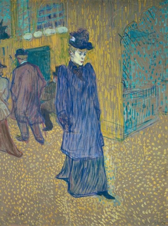 Henri de Toulouse-Lautrec, Jane Avril sortant du Moulin-Rouge (Damenmode,Frau,Mantel,Mode,Strassenszene,Tänzerin,Szene,Portrait,Einsamkeit,Alleinstehende,Französische Kunst,Fussgänger,Frauenleben,Person)