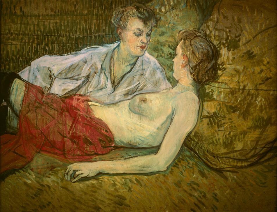 Henri de Toulouse-Lautrec, Les deux amies (Bett,Erotik,Frau,Jugendstil,Liebespaar,Prostitution,Lesbische Liebe,Homosexualität,Akt,Prostituierte,Französische Kunst,Erotische Kunst,Sexualität,Halbakt,Frauenleben,Bordell,Halbwelt,Liebesspiel)